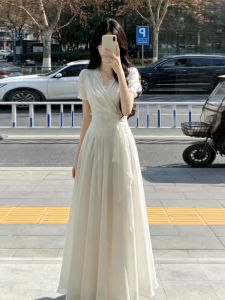 cenzcci | Đầm Dài Phong Cách Pháp Áo Sơ Mi Cổ V Tay Ngắn Ôm Body