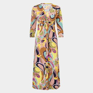 MY TENO | Elegant Yellow Floral Print Dress V-neck High Waist Tie Waist Fashionable Womens Clothing Spring Summer Autumn Seasonal Wear