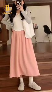 TINO TINO Tampil Elegan dengan Rok A-Line Warna Solid Rib Knitted Tinggi Pinggang dengan Elastisitas untuk Semua Bentuk Tubuh H1329