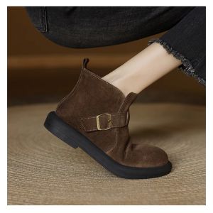 Genuine Leather Chelsea Boots Womens round Toe Flat Bottom BootsWith Belt Buckle Autumn Winter New Style Comfortable Short Boots
