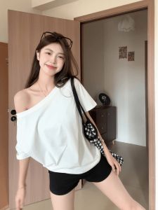White Shoulder Bared Loose Fit Short Sleeve T Shirt Women Summer Design Slimming Short Length One Shoulder Trendy Top