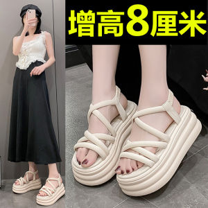 8cm Genuine Leather Thick Sole Sandals for Women 2024 Summer New Arrival Small Lightweight Height Increasing Small Size 34 Fashion Beach Shoes