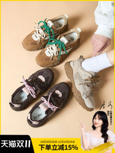 Gonghou Genuine Leather Deqin Shoes Womens Spring New Style Sports Casual Shoes Double Tie Design Sensation Single Shoes