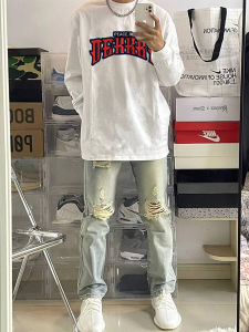 Heavyweight Pure Cotton Long Sleeve T-Shirt Mens Autumnal American Sweatshirt Trendy Original Couple Printed Letter Top