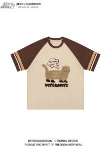 Retro Fun Cat Flocking Short-Sleeved T-shirt Men and Women Japanese Style Lazy Casual Couple Contrast Color Raglan Half Sleeve Shirt Fashion