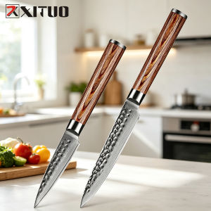 XITUO Chef Knives Set 1-4PCS Damascus Steel Sharp Hammered Forged Kitchen Knives for Santoku Bread Fruit Knife Gold Wood Han