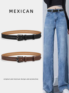 เข็มขัดผู้หญิงแบบไม่ต้องเจาะ ดีไซน์เรียบง่าย สีดำ เข็มขัดหนังวัวสองชั้นสไตล์เรียบง่ายสำหรับใส่กับกางเกงยีนส์