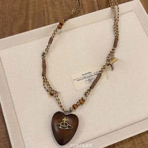 Fall New Style Wooden Heart Saturn Pendent Leopard Print Scarf Necklace Womens Fashion Accessory Unique Design Sweater Chain