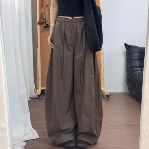 Quần Ống Rộng Cạp Cao Màu Nâu Phong Cách Mỹ Cho Nữ Mùa Hè Mỏng Mới Rộng Rãi Thoải Mái Quần Ống Rộng Cổ Điển