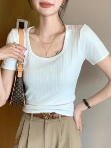 MiiOW | Ice Silk U-Neck Short Sleeve Womens Top Inner Wear Spring Summer New Style Cat Person Knitted Moisture Wicking Slim Fit Shirt