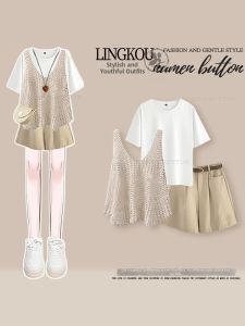 NUMEN BUTTON | Bộ 3 Món Giảm Cân Elegance Cho Phụ Nữ Áo Thun Kẻ Sọc Quần Short