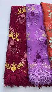African Cotton Lace Fabric - Lavender Purple with Multitone Floral Embroidery Swiss Voile and Scalloped Edge For Bridal Fashion