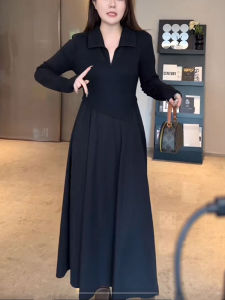 Knitted Long Sleeve Dress for Women High Waist A-Line Skirt Pure Color Single Piece Pullover Lapel Collar Ideal for Fall and Winter