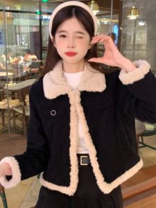 Áo Khoác Ngắn Lót Lông Cừu Ngắn Phong Cách Paris Váy Xếp Ly Quần Áo Làm Việc Mùa Đông Áo Khoác Cotton Dày Áo Khoác Ngoài Thường Ngày