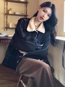 Áo Khoác Denim Dày Màu Đen Cho Nữ Mùa Thu Đông Cổ Polo Tay Dài Thường Ngày Chất Liệu Cotton Pha Trộn