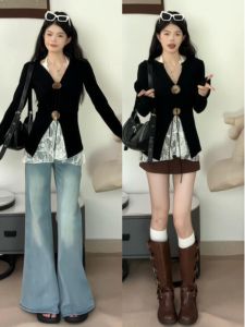 ชุดเสื้อถักคอวีพร้อมเสื้อกั๊กคอวีแบบสวมหัวสไตล์เกาหลีสำหรับผู้หญิง ฤดูใบไม้ผลิ ฤดูใบไม้ร่วง ฤดูหนาว แฟชั่นสตรี