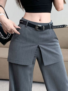 กางเกงขายาวทรงหลวมสไตล์ทำงานสำหรับผู้หญิงในช่วงฤดูร้อน กางเกงขายาวทรงตรงเอวสูง ดีไซน์บาง ดีไซน์เทียมสองชิ้น กางเกงขายาวทรงตรง