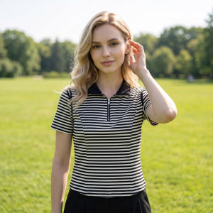 Hollow Lace-up Half-Zip Casual Stripe T-Shirt