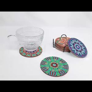 8 Pieces/Set DIY Diamond Painted Art Seaside Landscape Painting Coaster with Bracket Kit Beverage Insulation Diamond Coaster Su