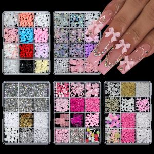 12Grids/Box 3D Mixed Bowknot Pearl Heart Nail Charms Flatback Resin FlowerStarMoon Nail Rhinestones DIY Nail Art Decorations &