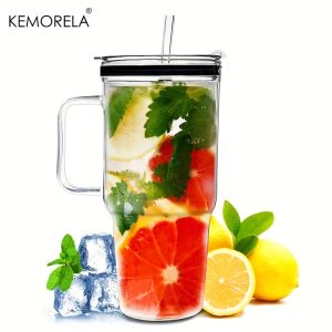 KEMORELA 1/2PCS 40oz Large Glass Tumbler with Straws and Lids Glass Coffee Tumbler with Handle Clear Water Bottle for CarCamping