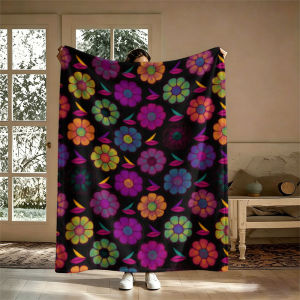 BILIBILI | Colorful Flowers Black Flannel Blanket Perfect for Sofa Office Bed Travel Sleep Read Relax Camping Four Season Use