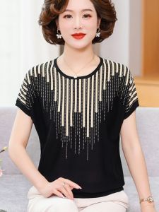 Fashionable Phoenix Shallow Middle-Aged Womens Summer Collection 2024 Short Sleeve T-Shirt Set With Cropped Pants Bat Sleeves And Crewneck