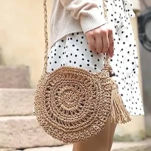 Yogodlns Round Soft Paper Rope Shoulder Bag Tassel Summer Beach Handmade Crossbody Bags Women Hollow Straw Bag Circle Rattan Bag