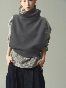 French Elegant Design Blue Knitted Vest Womens Autumn Winter Outerwear High Collar Open Split Layering Top Soft Cotton