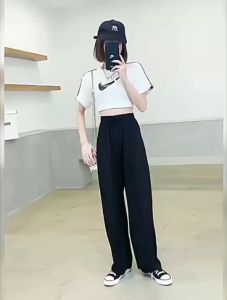 กางเกงขายาวผ้าเกาหลีเอวสูง ทรงหลวม สีพาสเทล/สีดำ/สีเทา ไซส์เดียว สำหรับผู้หญิง