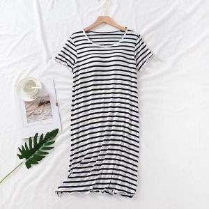 Tagkita Striped Sleepwear with Chest Pad Short Sleeve Mid-Skirt for Women Casual Home Summer Simple Style Polyester Fabric