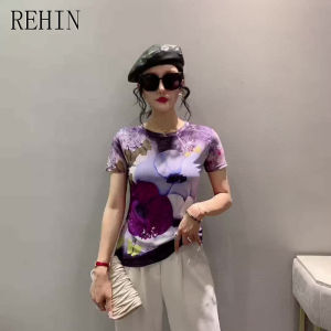 REHIN Womens top Summer fashion mesh printed short-sleeved T-shirt round-neck slimming New Korean stylish with floral S-3XL elegant trendy blouse