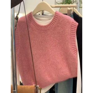 เสื้อกล้ามขนแกะคอกลมสีชมพูดูสวยสุดๆดูแพงเสื้อท่อนบนผู้หญิงเสื้อไหมพรมผ้าถักสวยสไตล์ยุโรปสำหรับฤดูใบไม้ร่วงและฤดูหนาวเสื้อกั๊ก