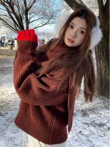 High Collar Knitted Wool Sweater Womens Autumn Winter Christmas New Years Clothing Woolen Cloak Shoulder Wrap Knit Top