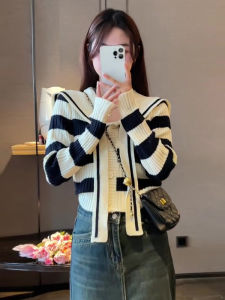 Womens Loose Lazy Style Striped Knitwear Casual Loose Fit Long Sleeve V-Neck Top Fake Two-Piece Design Winter 2025 New Arrival