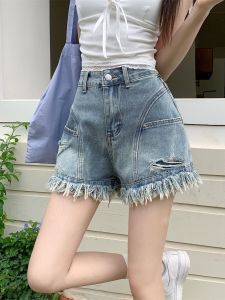 กางเกงขาสั้นผ้ายีนส์ขาดสไตล์อเมริกันสำหรับฤดูร้อน กางเกงขาสั้นผู้หญิงไซส์ใหญ่ กางเกงขายาวเอวสูง กระเป๋ากระดิ่ง กระดิ่ง กระเป๋า กระดิ่ง