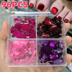 96pcs 4Colors Cats Eye Fake Toenails Short Square Full Cover Press On Toe Nails for Christmas Valentines Day Women False Nails
