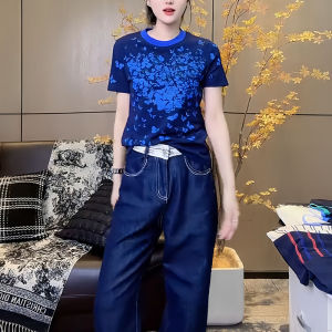 Elegant Pure Color Butterfly Print Short Sleeve T-Shirt Womens Summer Fashion Casual Top Shoulder Width Regular Style