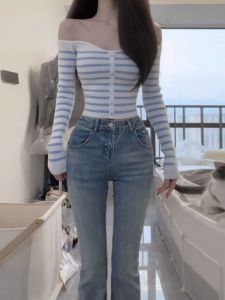 CHANGTONG | Unique Knitted One Shoulder Slim Fit Striped Womens Top Inner Wear Base Layer Fashionable Short Style Commute Style Korean Version