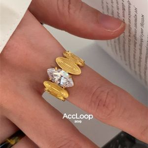 Ultra-Shiny Oval Diamond Open Ring Accloop Titanium Steel Plated 18K Gold Frosted High-End Feeling Zirconia Fashion Jewelry