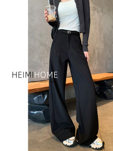 Quần Ống Đứng Màu Đen Cạp Cao Cho Nữ Mùa Xuân Thu Quần Ống Rộng Dáng Rộng Thanh Lịch Quần Dài Thường Ngày Phong Cách Hàn Quốc