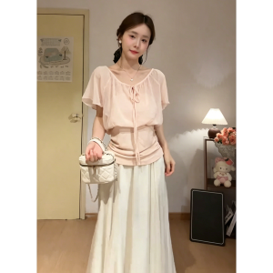 YUEZHONGWEI | French Ruffle Hem Layered Design Pink Short Sleeve T-Shirt