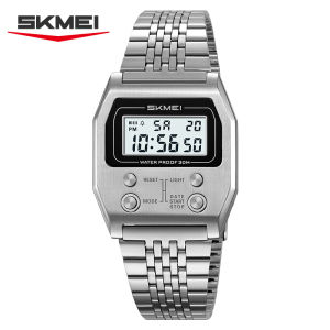SKMEI 2460 Mens Sport Stainless Steel Fashion LED Electronic Alarm Waterproof Digital Wristwatches Watch for Men Reloj Hombre