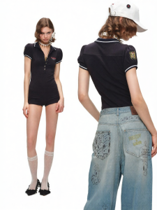 Snoopy Collaborative Navy Style Puff Sleeve Slim Fit Romper Polo Collar