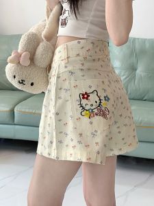 Kitty Cat Embroidered Butterfly Knot Print Denim Shorts Womens Autumn Winter plus Size Slim Straight Wide Leg Hot Pants