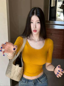 YUEZHONGWEI | Yellow U-Neck Short Sleeve T-Shirt Cropped Edgy Style Cinching Waist