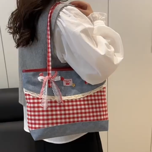 SEA YADOU  กระเป๋าถือลูกไม้สไตล์เกาหลีกระเป๋าถือลายตารางสีตัดกันกระเป๋าโท้ทสะพายไหล่ใส่ได้สำหรับเดินทางออกไปข้างนอกความจุมาก