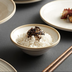 Small Rice Bowl Bamboo Hat 5-Inch Household Japanese Style Minimalist Ceramic Hotel Tableware for Restaurant and Commercial Use Table 4-Piece Set