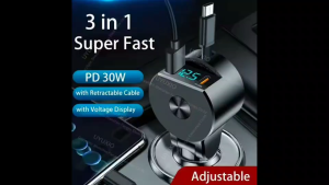 🔌 อะแดปเตอร์ชาร์จมือถือในรถยนต์/จักรยานยนต์ แบบ2 ช่อง(USB A+C) พร้อมสายชาร์จแบบดึงกลับUSB Cในตัว PD 30W และจอแสดงผลLED🔌