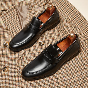 Summer Mens Slip-On Loafers round Toe British Style Business Formal Leather Shoes Comfortable Breathable Easy to Wear